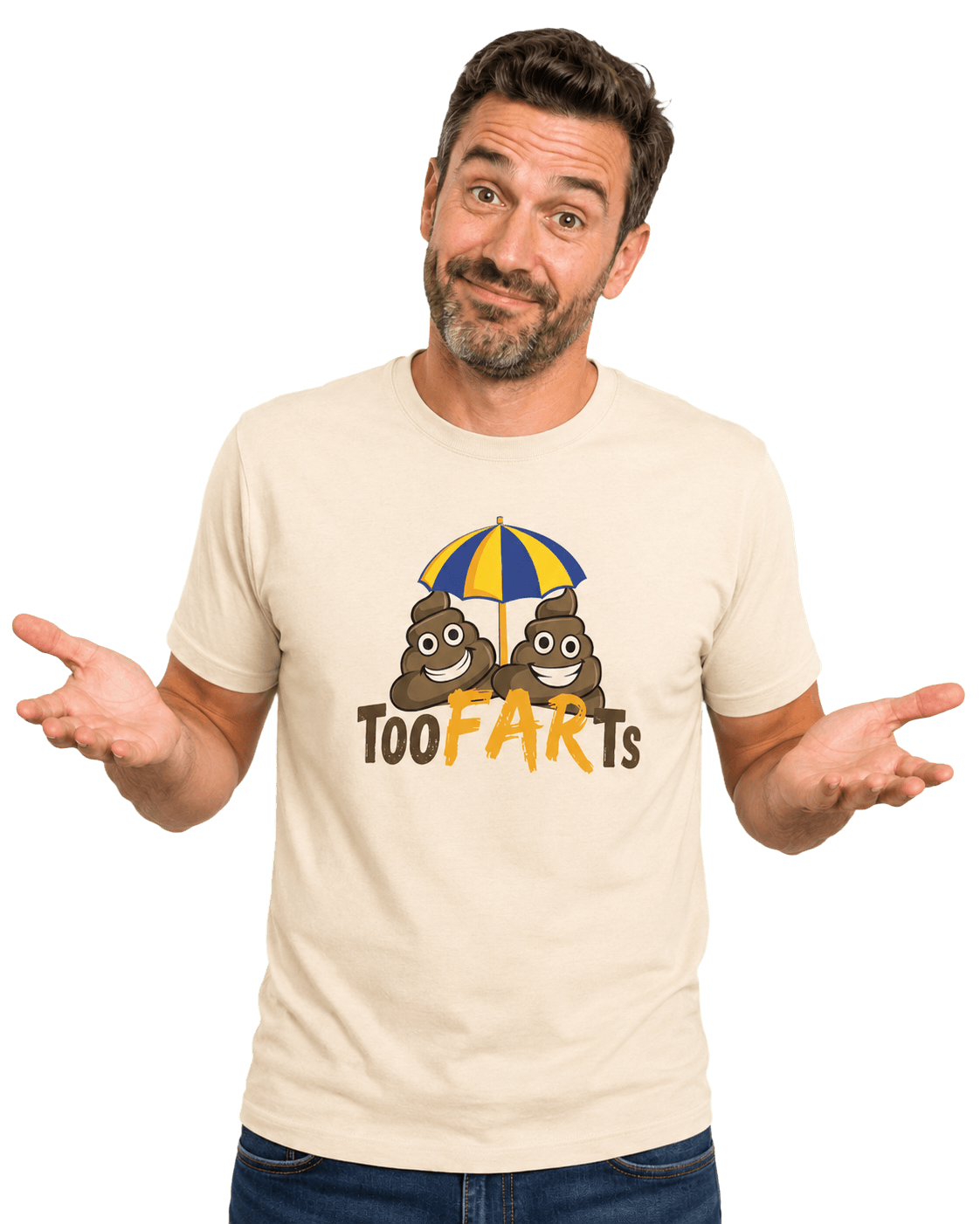 Model wearing a TooFARTs shirt and gesturing toward the design.