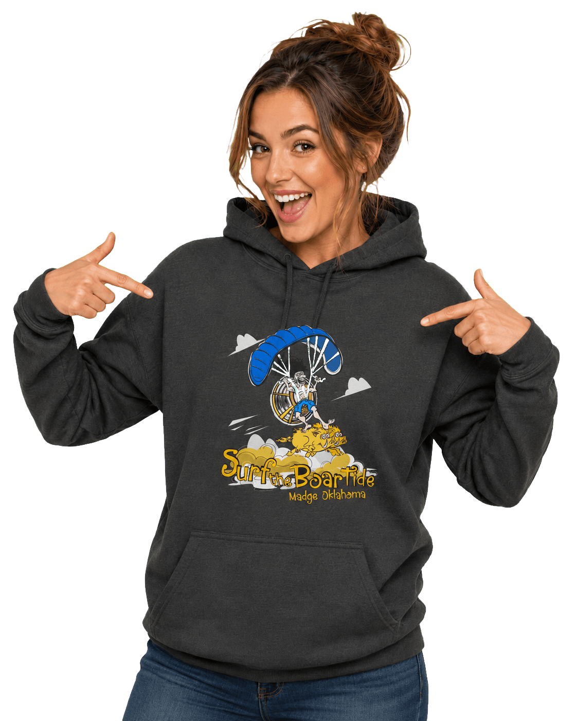 Model wearing the Surf the Boar Tide TooFARTs hoodie.